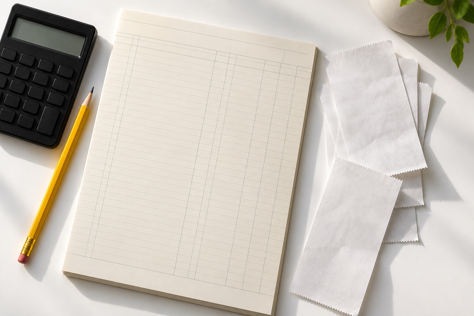 Illustrative arrangement of blank ledger paper, a calculator and yellow pencil